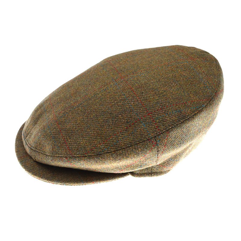 The Brown Beauly Cap by Campbells of Beauly, crafted in House Tweed with a subtle plaid of green, red, and orange, showcases classic British style. Displayed against a white background.