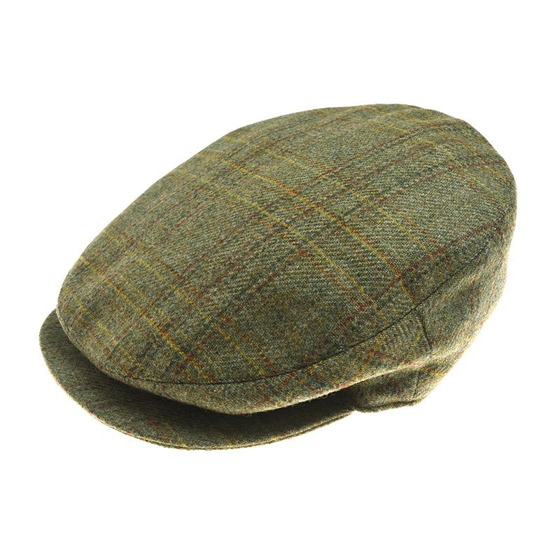 The Green Beauly Cap by Campbells of Beauly, in color C24, features classic British style with a subtle plaid tweed pattern and is displayed on a white background.