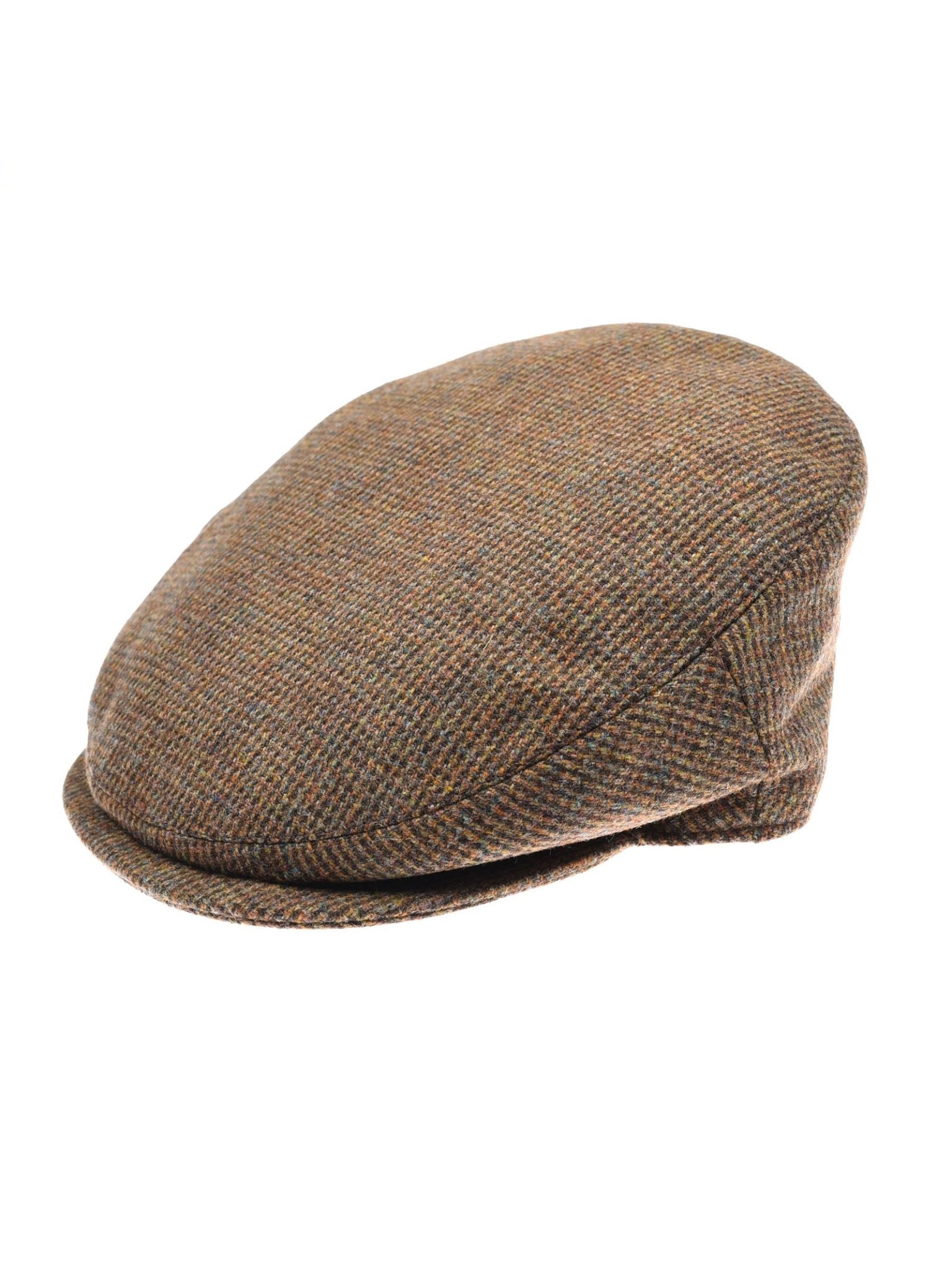 The Unisex Beauly Cap by Campbell's of Beauly in Brown Melange, shown from a side angle against a white background, captures the timeless charm of classic British headwear with its subtle checkered tweed pattern.