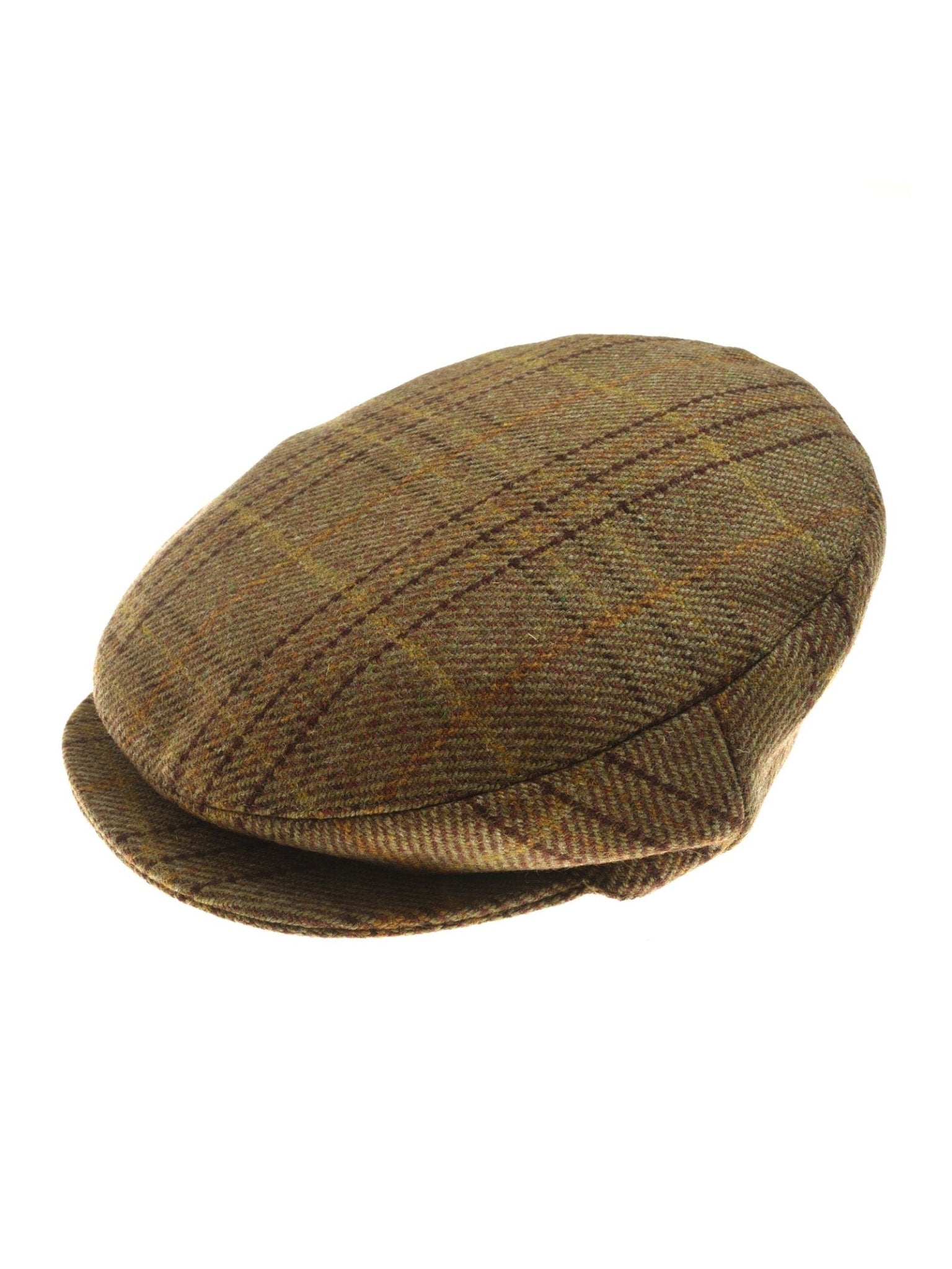 The Unisex Beauly Cap by Campbell's of Beauly in color G2102 is a classic flat cap with a brown tweed check pattern and green and yellow lines, shown against a plain white background.