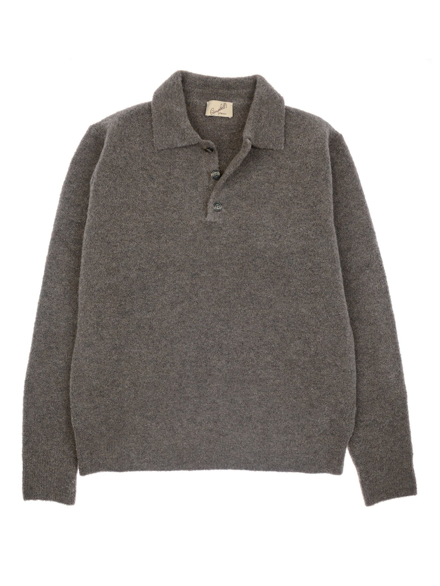 The Campbell's of Beauly Bouclé Polo Sweater in chocolate, featuring long sleeves, a collar, and three buttons, is laid flat on a white background.