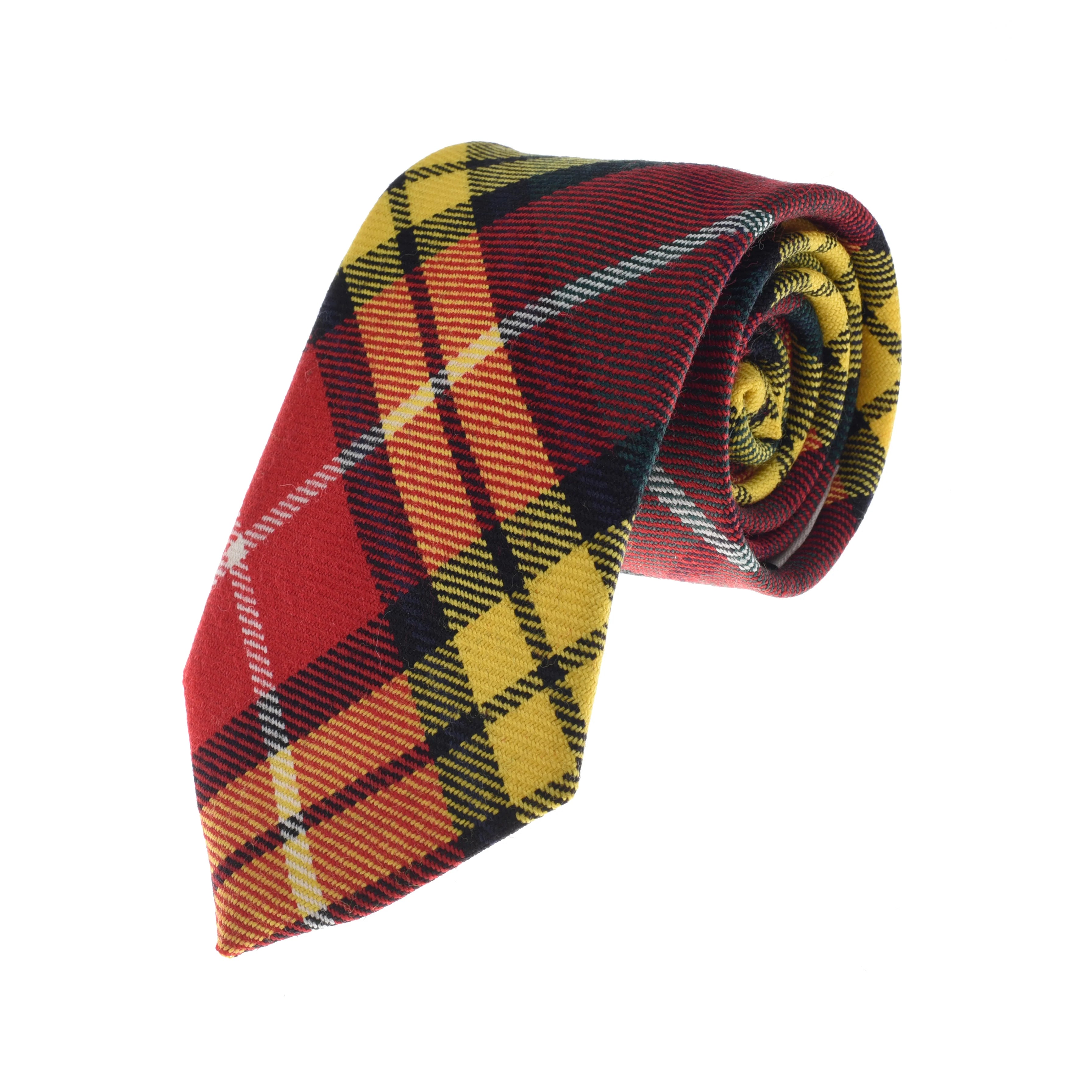 The Campbells of Beauly Tartan Tie features a bold red, yellow, black, and white pattern and is displayed rolled up on a white background—an ideal classic accessory for your formalwear collection.