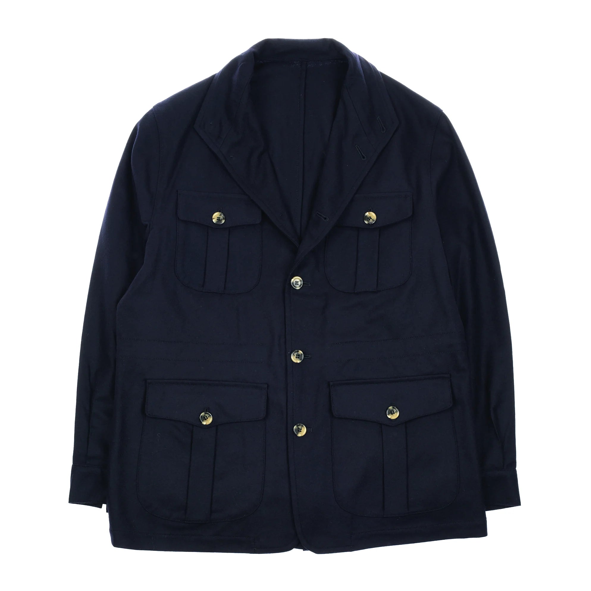 The Campbell's of Beauly Auld Stock Field Teba Jacket in navy is a wool blazer-style jacket with four front flap pockets, gold buttons, and a notched collar, shown against a white background.