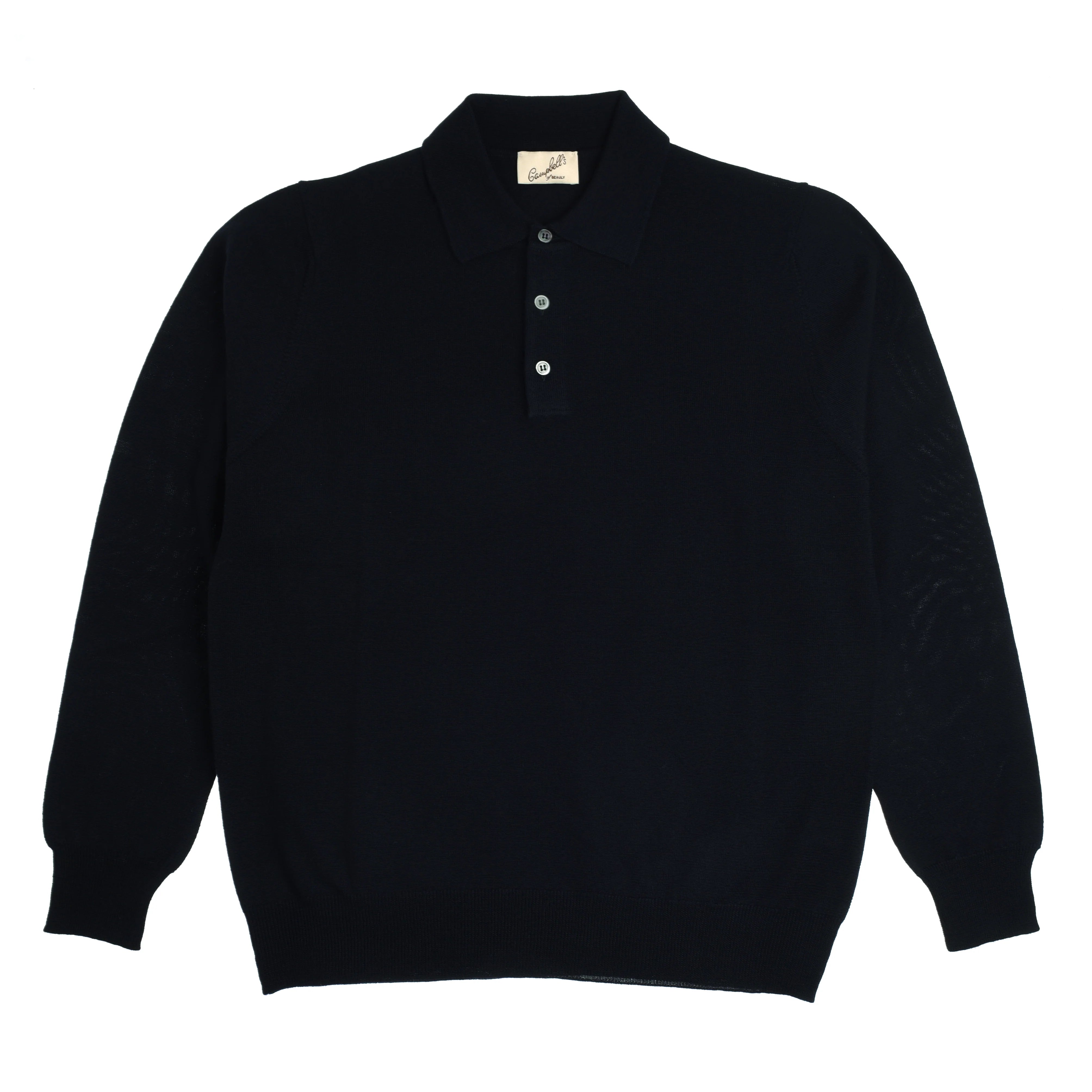 A navy Merino Shirt Jumper by Campbell's of Beauly, featuring long sleeves, a collar, and three buttons, is laid flat on a white background.