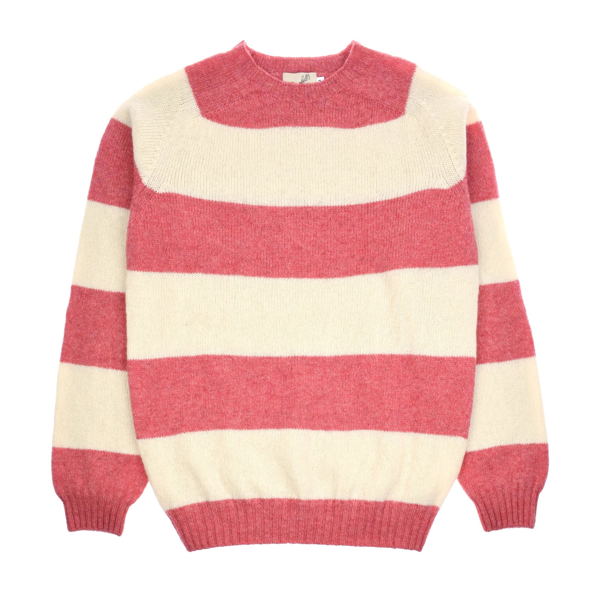The Auld Stock Shetland Stripe Crew Jumper by Campbell's of Beauly in Nantucket features wide pink and off-white stripes, a crew neck, long sleeves, and ribbed cuffs and hem for classic comfort.
