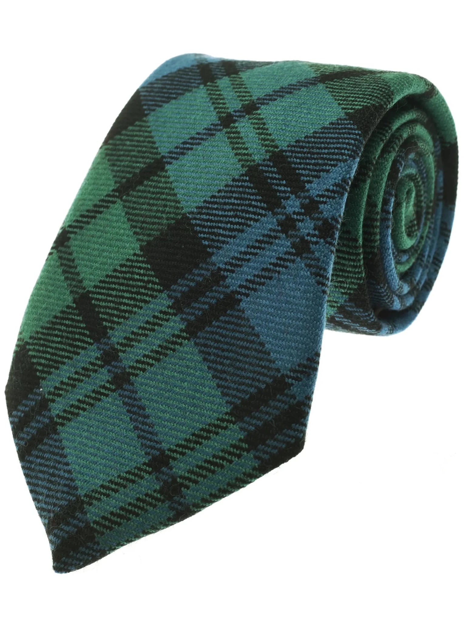 The Campbell's of Beauly Tartan Tie is a finely crafted wool necktie, rolled up to showcase its striking blue and green plaid pattern with diagonal lines and squares—an ideal accessory for formalwear.
