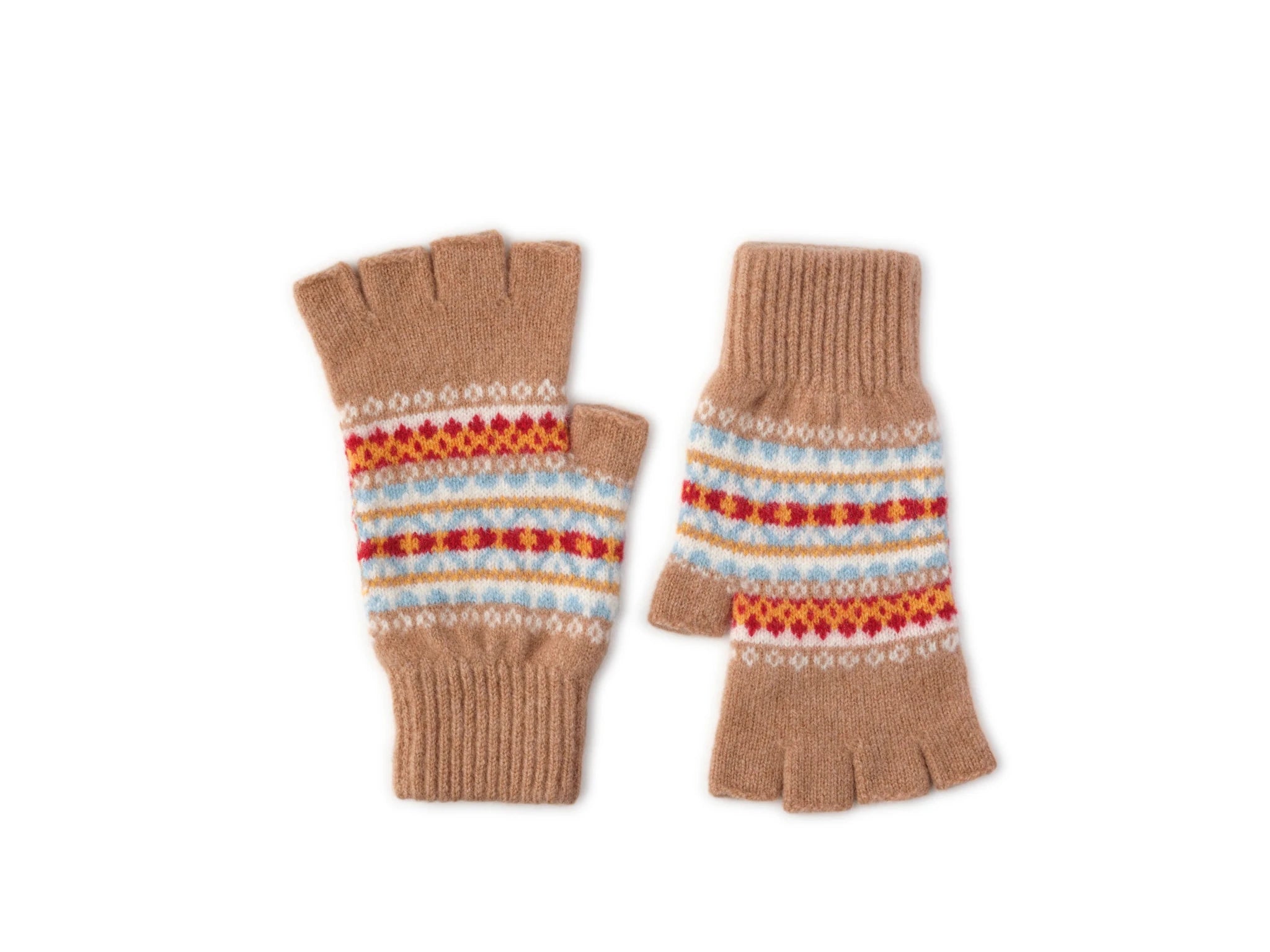 The Auld Stock Fairisle Half-Finger Gloves by Campbell’s of Beauly are brown fingerless knit gloves made from soft lambswool, adorned with red, yellow, white, and blue horizontal Fairisle patterns inspired by traditional Scottish knitwear, displayed on a white background.