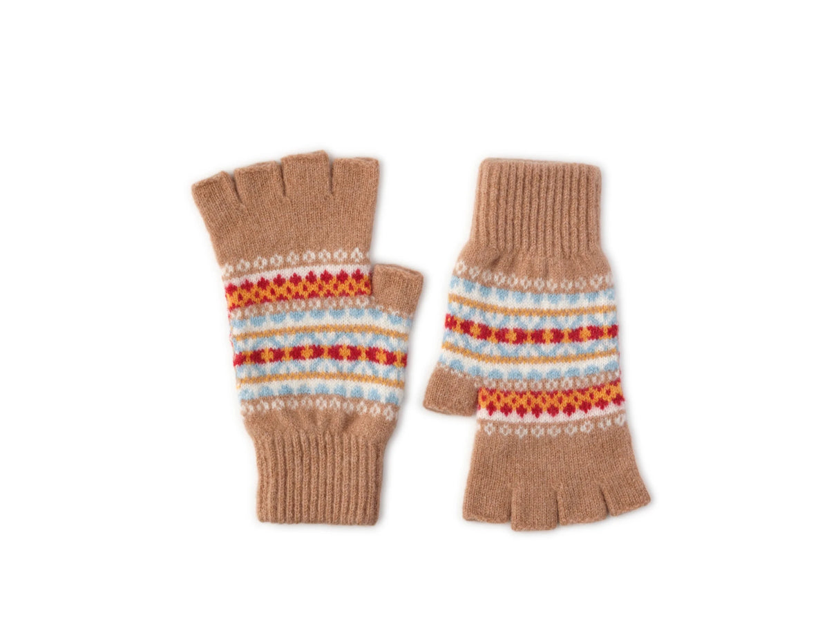 Introducing the Auld Stock Fairisle Half-Finger Gloves by Campbell’s of Beauly: a pair of brown, fingerless knit gloves crafted from soft lambswool, featuring a vibrant Fairisle pattern in red, white, and blue across the hands. Displayed on a white background, this Scottish knitwear piece perfectly blends tradition with cozy style.