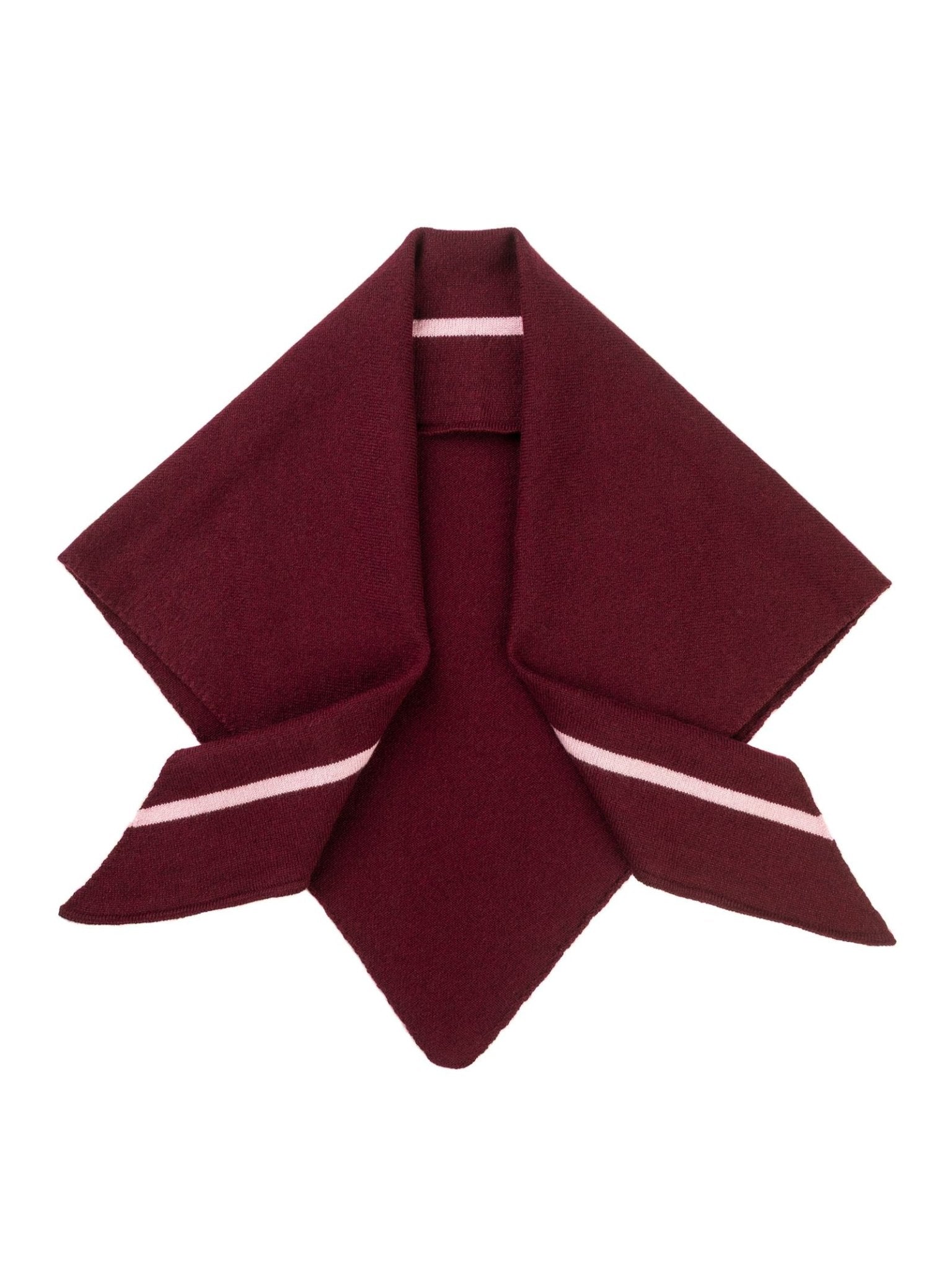 The Cashmere Neckerchief by Campbell’s of Beauly is a luxurious burgundy scarf featuring two light pink stripes near the ends. Displayed flat with pointed ends and a folded top section, this lightweight accessory is an elegant choice for refined style.