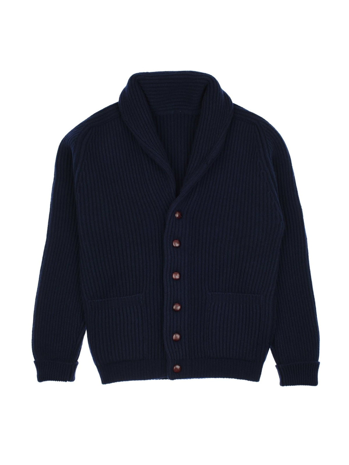 The Campbell’s of Beauly Cashmere Shawl Collar Cardigan is a navy blue ribbed luxury sweater, featuring a cashmere shawl collar, front button closure, and two front pockets, crafted from soft Scottish cashmere and displayed laid flat on a white background.