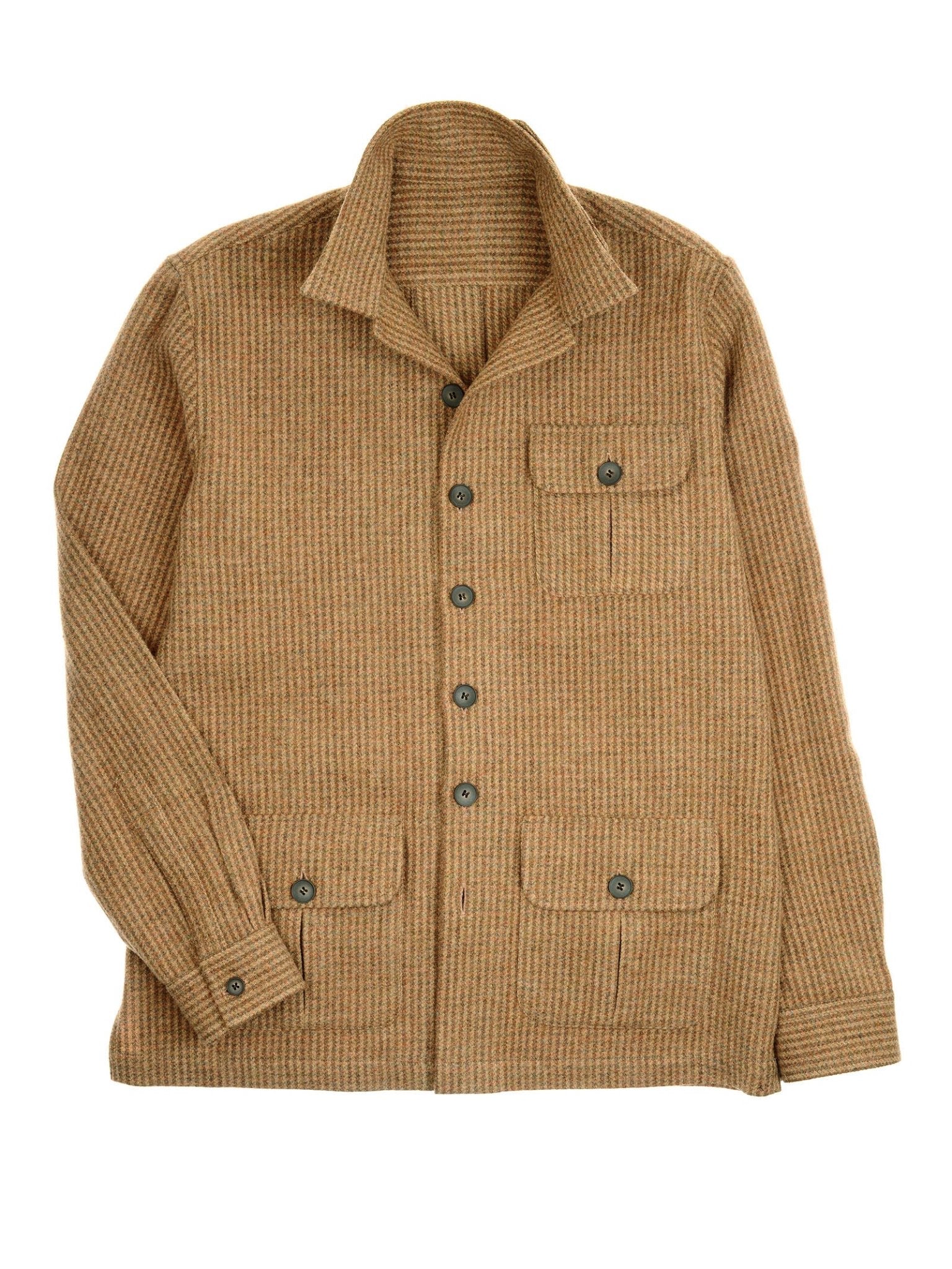 The Campbell’s of Beauly Casual Shacket features a brown, long-sleeve, collared, button-up design with a ribbed texture and three front flap pockets. Laid flat on a white background, this piece is ideal for those who value relaxed tailoring with subtle references to classic British tweed style.