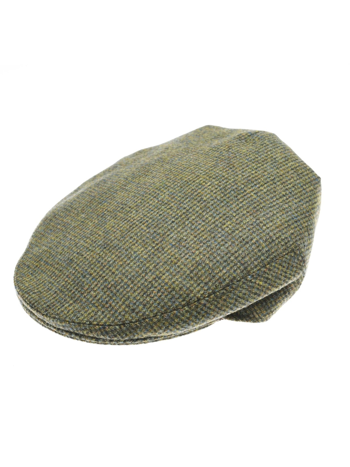 The Conon Cap by Campbell’s of Beauly is a green and brown tweed flat cap inspired by classic British style, shown against a white background.
