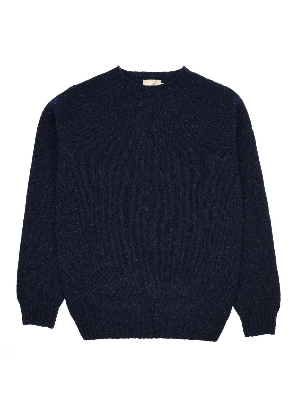 Campbell’s of Beauly Donegal Lambswool Crew Neck Jumper in navy blue with a subtle multicolored flecked pattern.