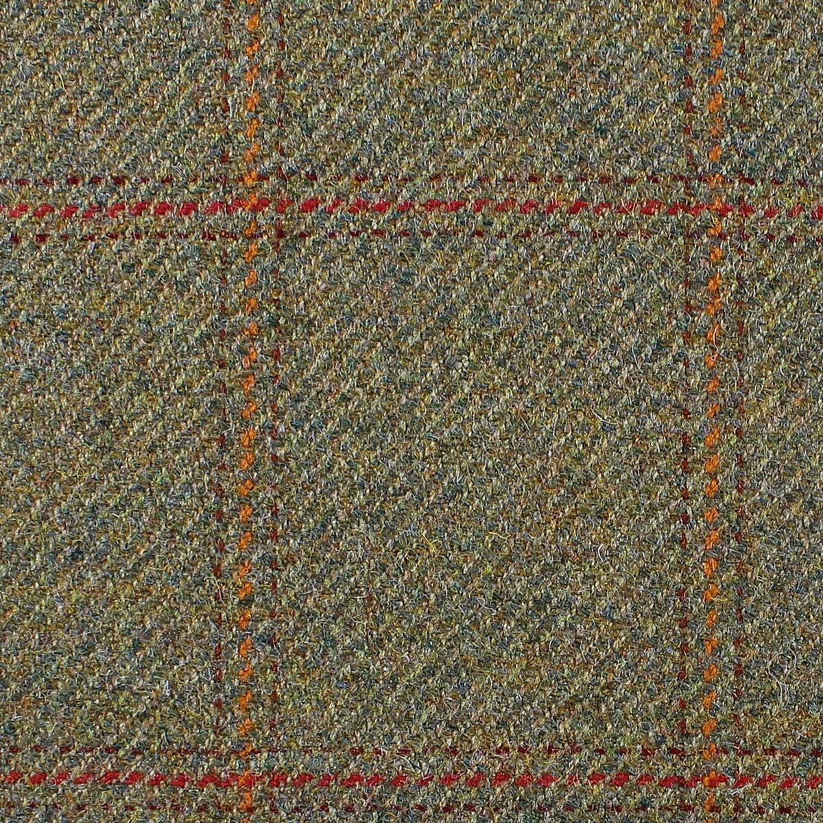 Lovat Mill Estate Tweed 011 heavyweight green and brown estate tweed featuring an orange and dark red windowpane check pattern.