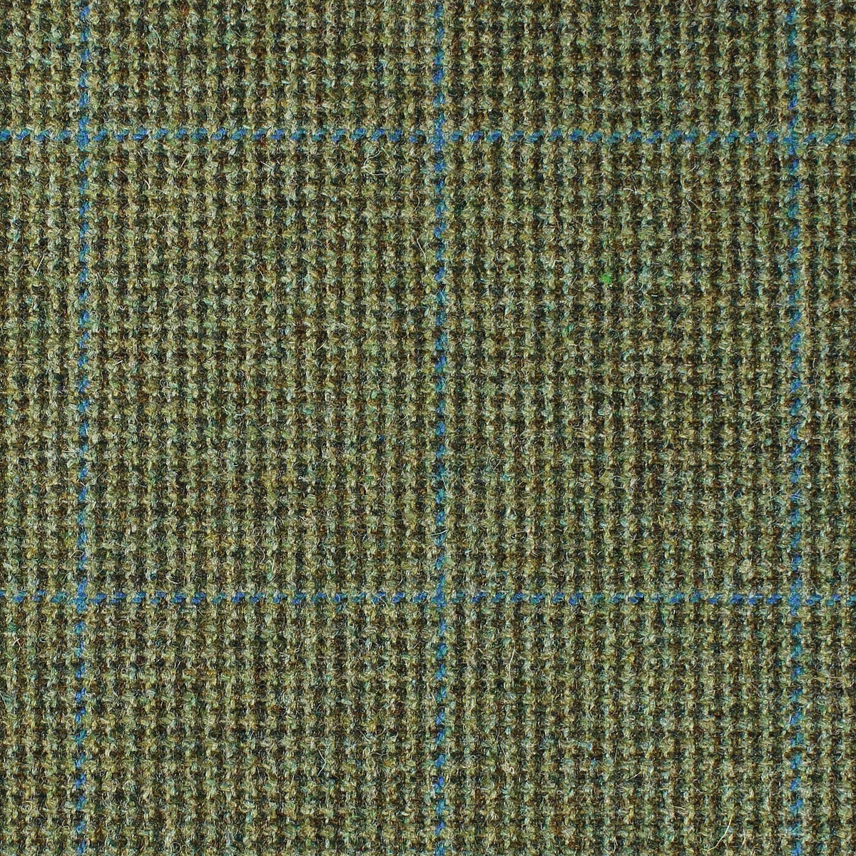 Estate Tweed 052 heavyweight olive green wool tweed featuring a subtle brown and blue windowpane check pattern.