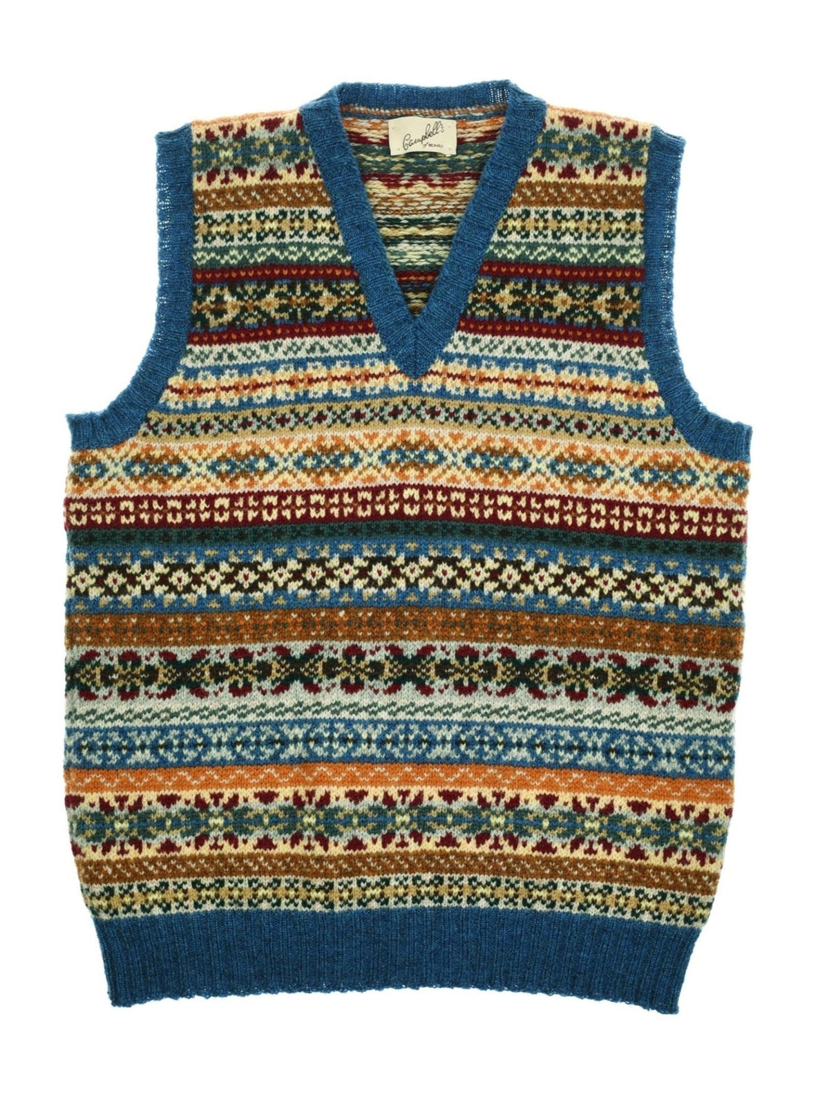 The Campbell’s of Beauly Fairisle Slipover is a knitted, sleeveless vest made from soft Shetland wool, featuring a V-neck and multicolored Fair Isle patterns in blue, orange, red, and cream tones.