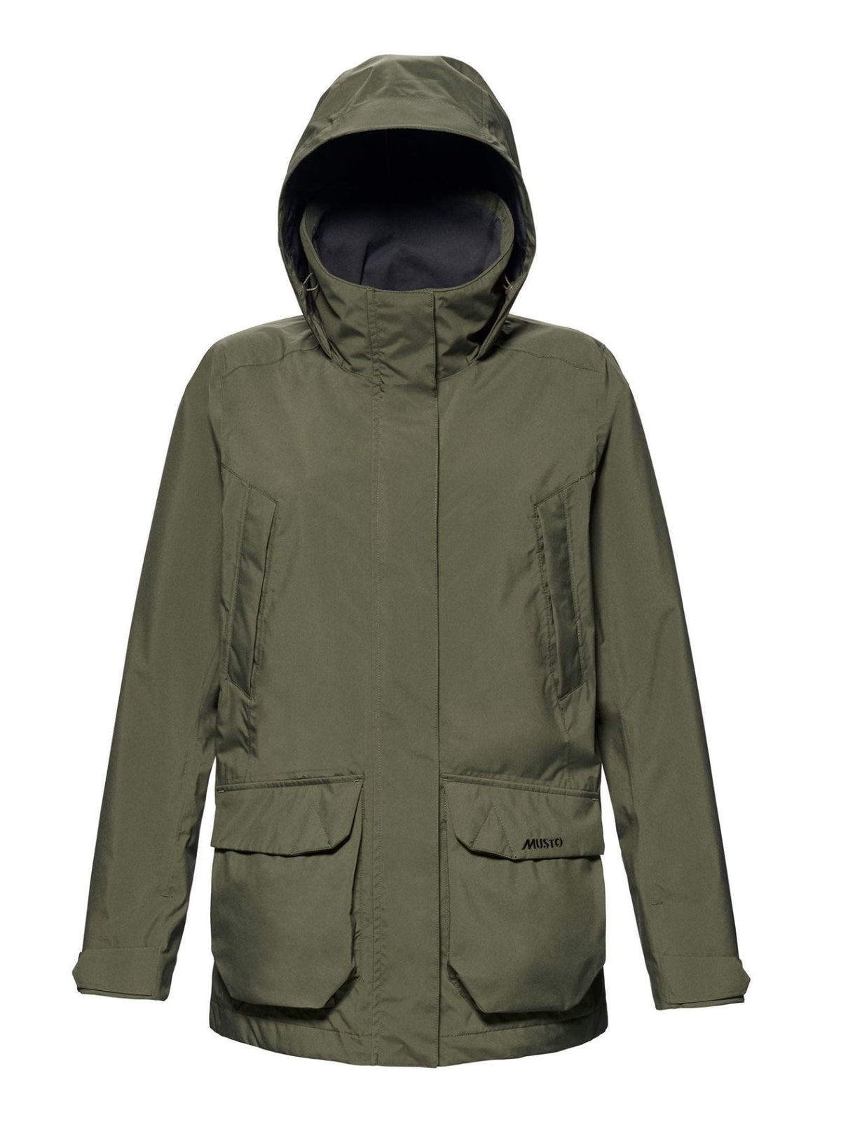 Musto Fenland Jacket 3.0 in deep green, featuring a packable hooded design with large front pockets, a high collar, and a lightweight, waterproof construction.