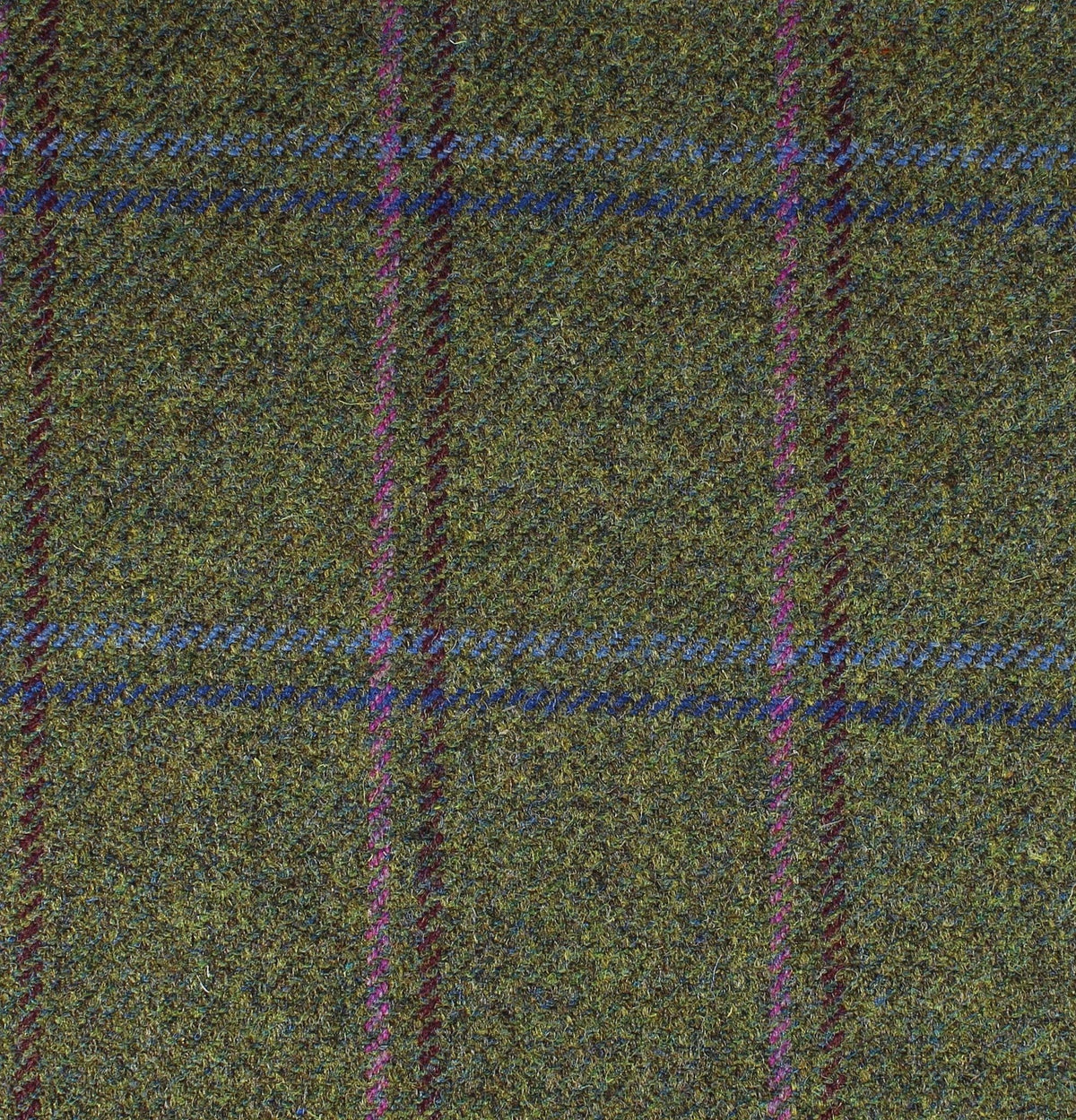 Field Tweed 084 olive green Scottish tweed fabric featuring a windowpane check pattern in purple and blue.