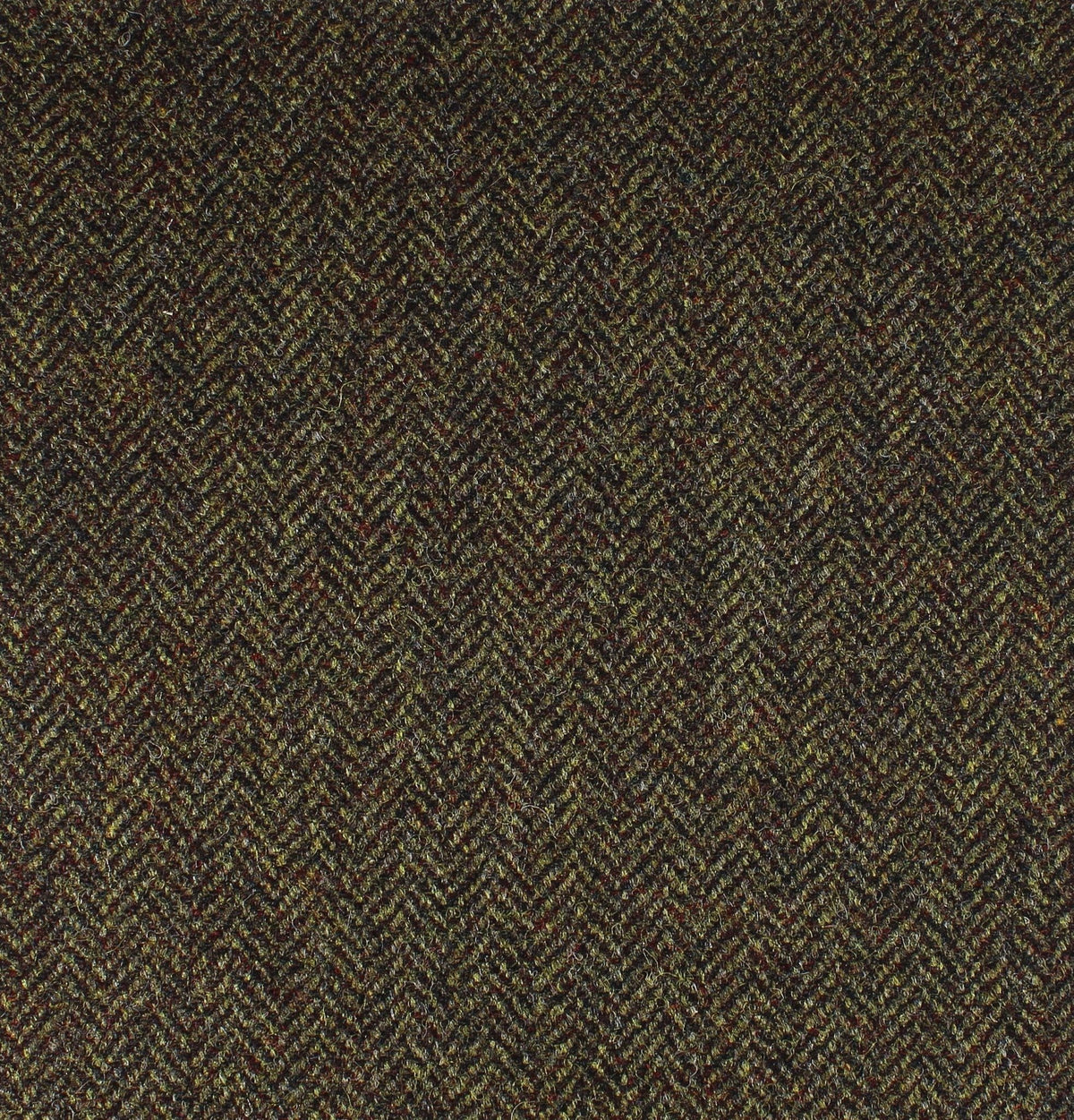 Lovat Mill Field Tweed 087 dark brown Scottish tweed fabric with an olive and burgundy herringbone pattern.