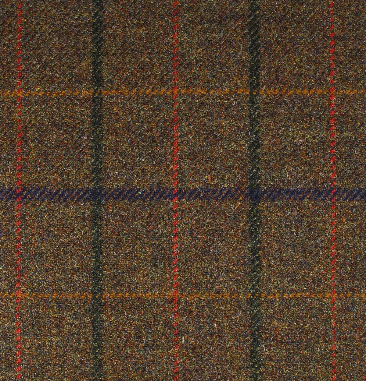 Field Tweed 088 brown Scottish tweed fabric with a dark brown, red, and yellow windowpane check pattern.