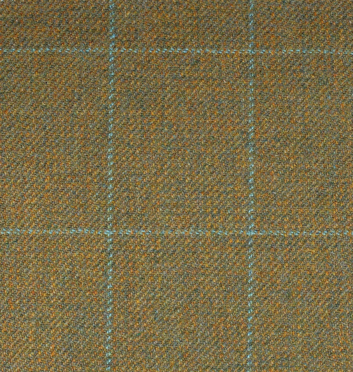 Field Tweed 091 olive green Scottish tweed fabric with a subtle blue windowpane check pattern.