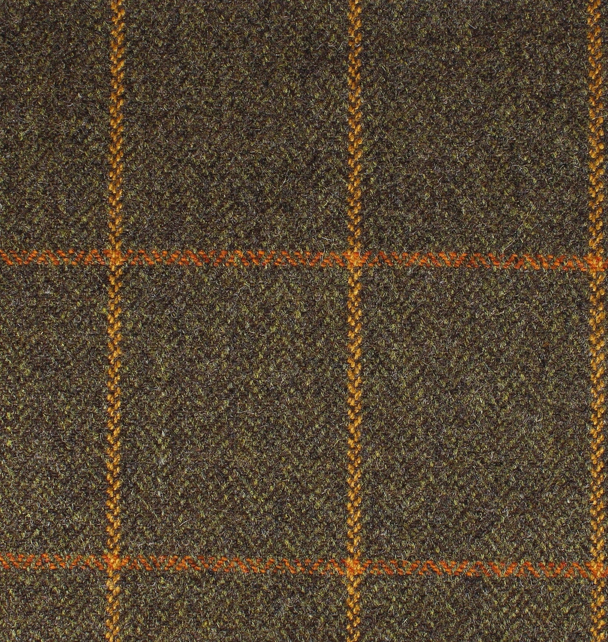 Field Tweed 092 is a dark olive green Scottish tweed fabric with a textured windowpane check pattern in orange and yellow.