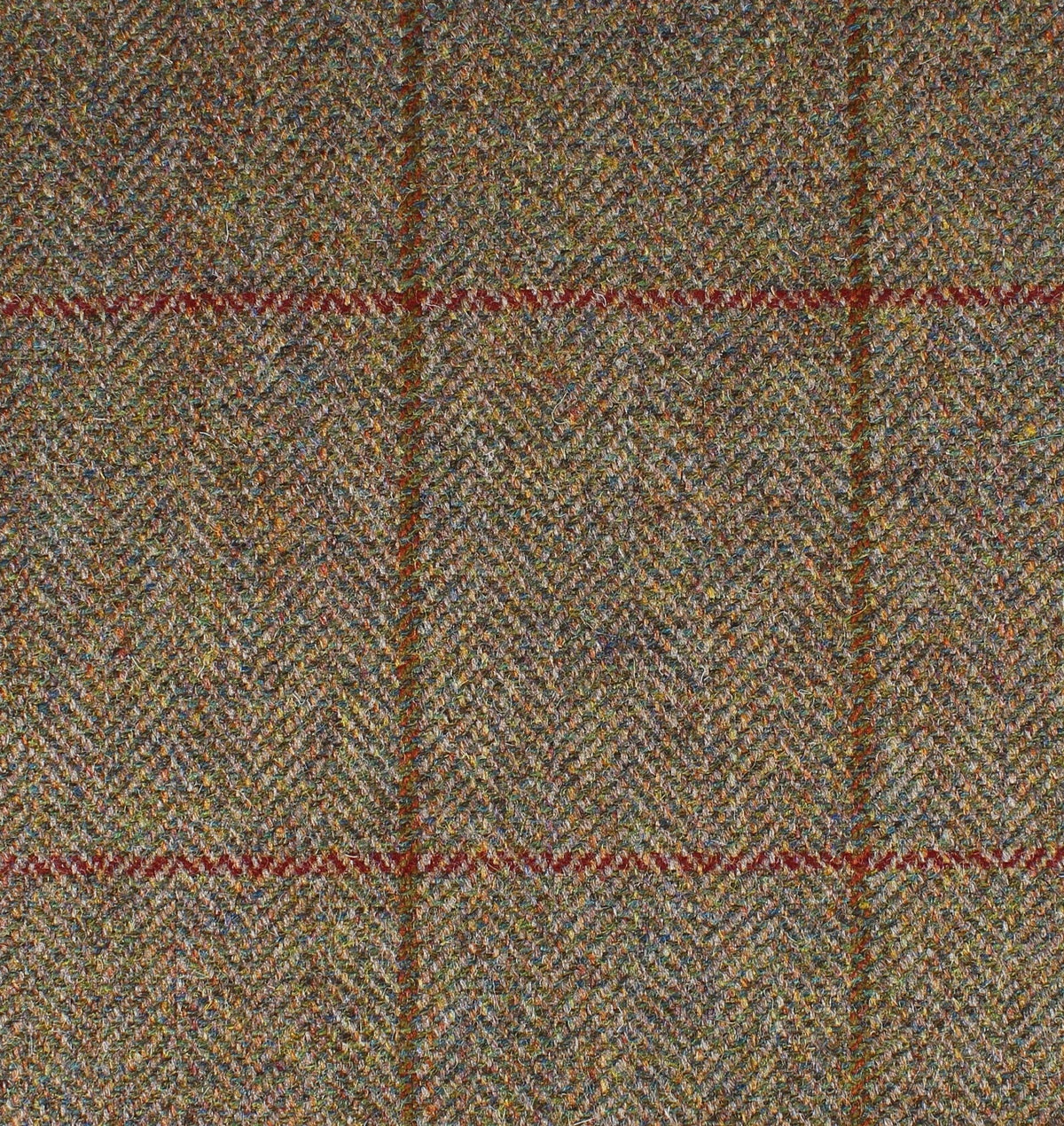 Field Tweed 096 in brown Scottish herringbone tweed with a subtle orange and blue windowpane check pattern.