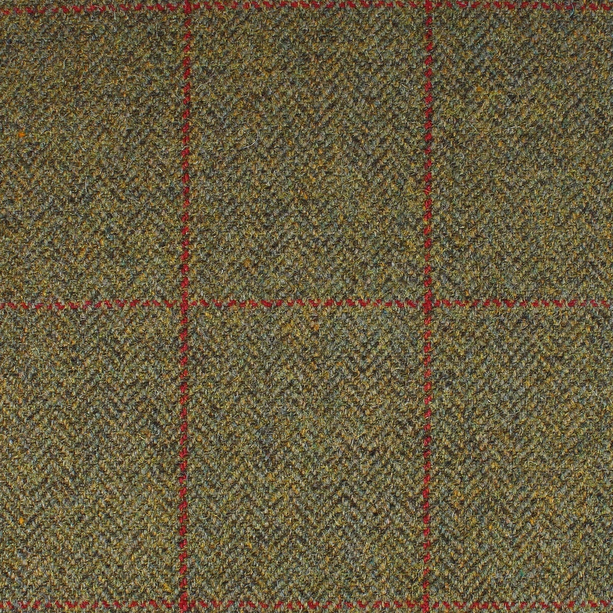 Field Tweed 097 in olive green herringbone Scottish tweed with a red windowpane check pattern.