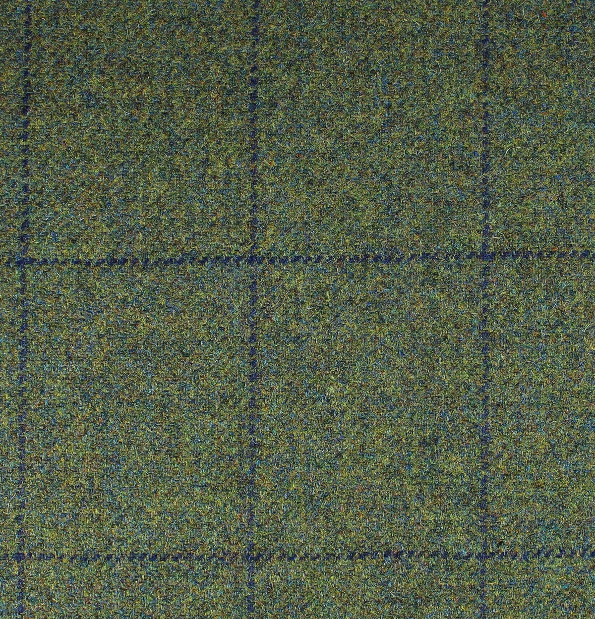 Lovat Mill Field Tweed 100 fabric in olive green with a dark blue windowpane check pattern.