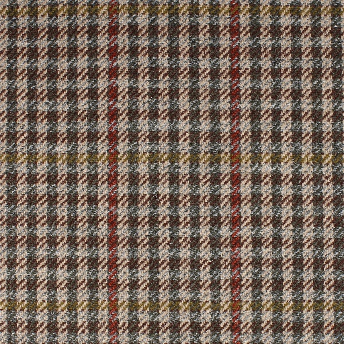Field Tweed 102 in 100% wool Scottish tweed featuring a brown, cream, and grey houndstooth pattern with a red and gold windowpane check.