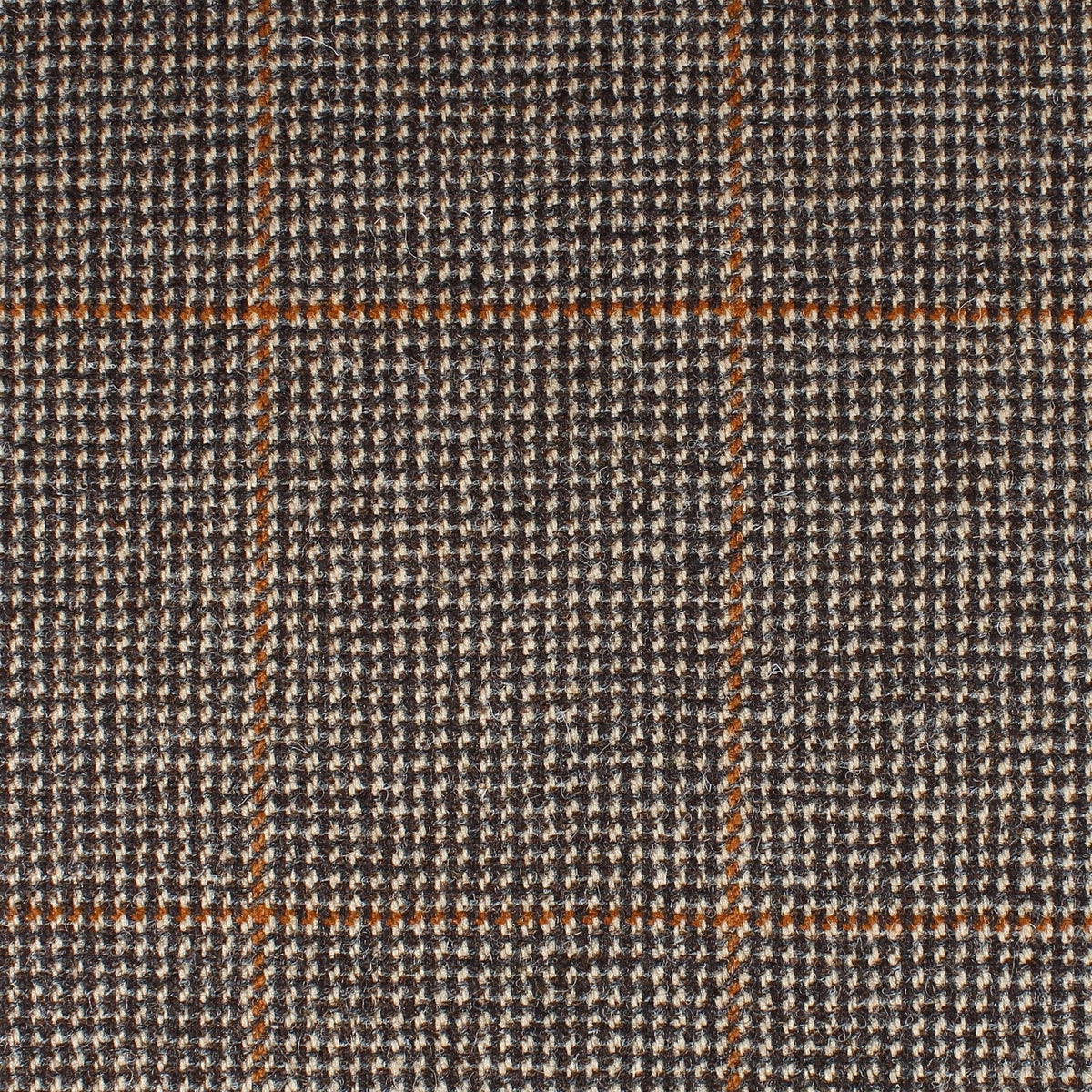 Field Tweed 104 Scottish tweed fabric in brown and grey with a dark brown and orange windowpane check pattern.