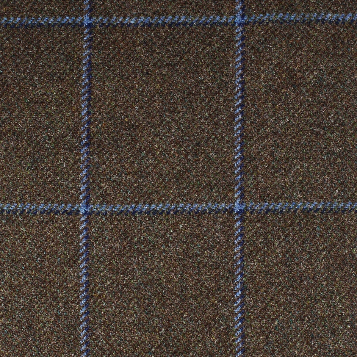Dark brown Lovat Mill Field Tweed 110 Scottish wool fabric featuring a blue windowpane check pattern.