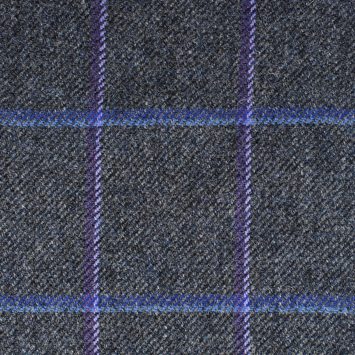 Field Tweed 114 charcoal grey Scottish tweed with a purple and blue windowpane pattern.