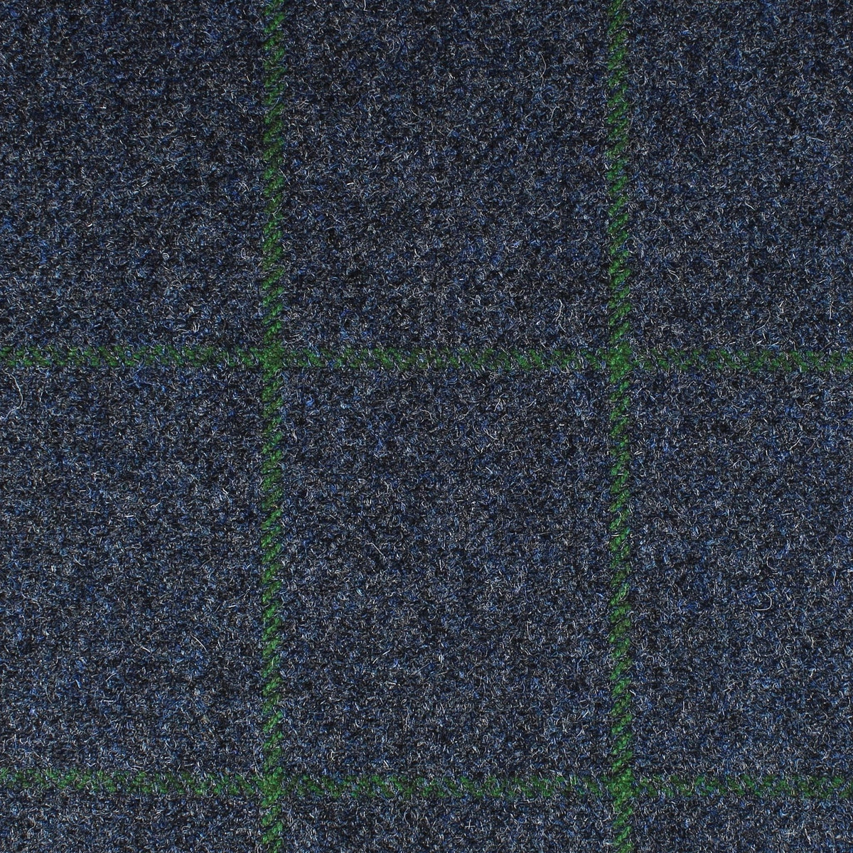 Field Tweed 115 dark blue Scottish tweed wool fabric with a green windowpane check pattern.