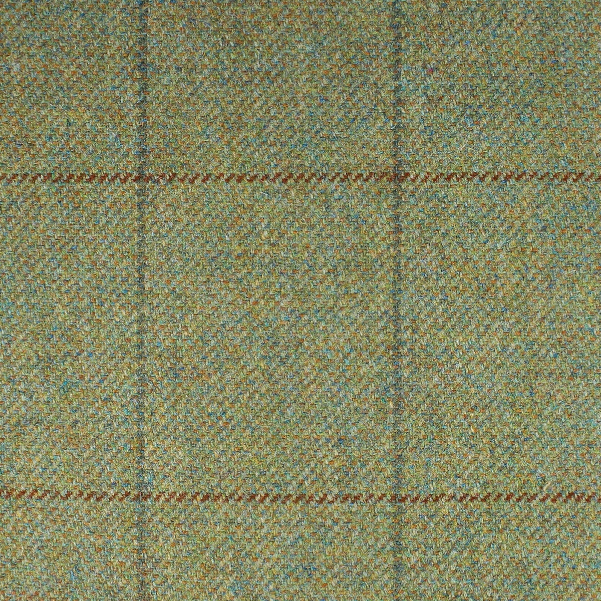 Field Tweed 121 green Scottish tweed fabric featuring a subtle blue and brown windowpane check pattern.