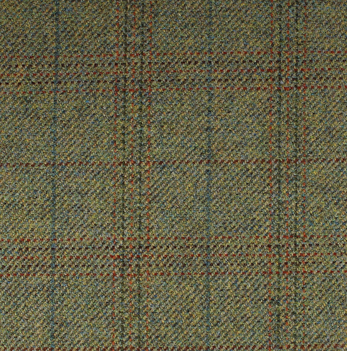 Field Tweed 123 by Lovat Mill, an olive green Scottish tweed fabric with a multi-colored plaid pattern featuring thin red and blue lines.