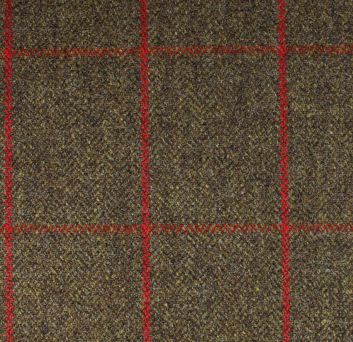 Field Tweed 124 olive green 100% wool tweed fabric with a red windowpane check pattern.