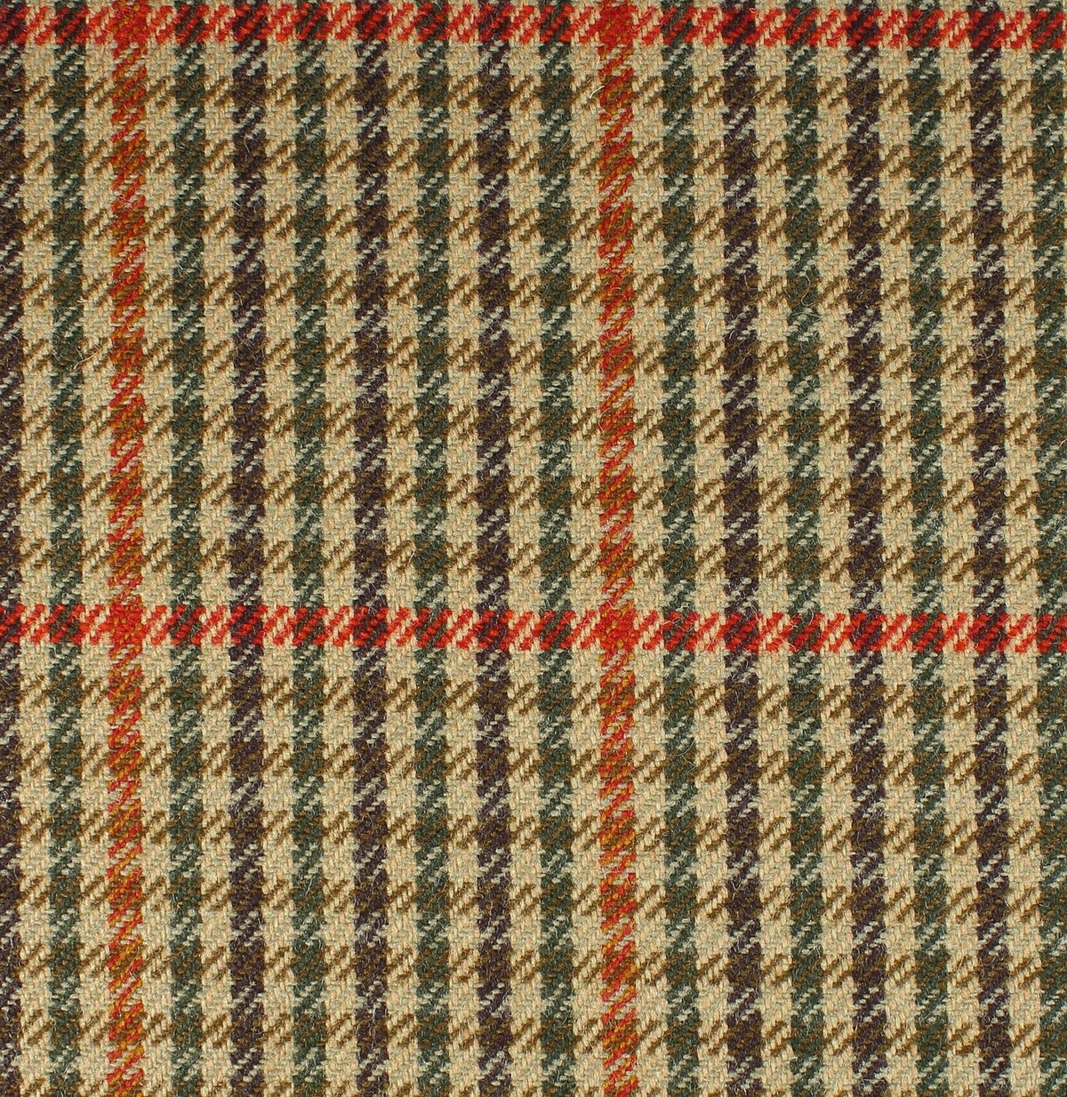 Field Tweed 126 Scottish tweed fabric featuring a glen check pattern in shades of brown, green, and tan with a red windowpane overcheck.