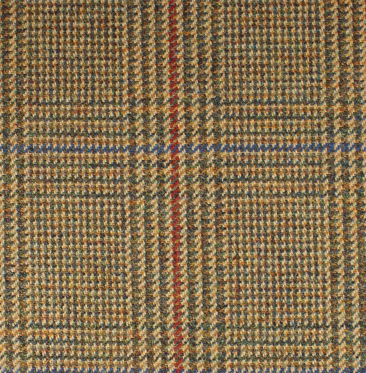 Field Tweed 128 Scottish tweed fabric in brown, olive, and tan with a multi-colored plaid check pattern featuring red and blue lines.