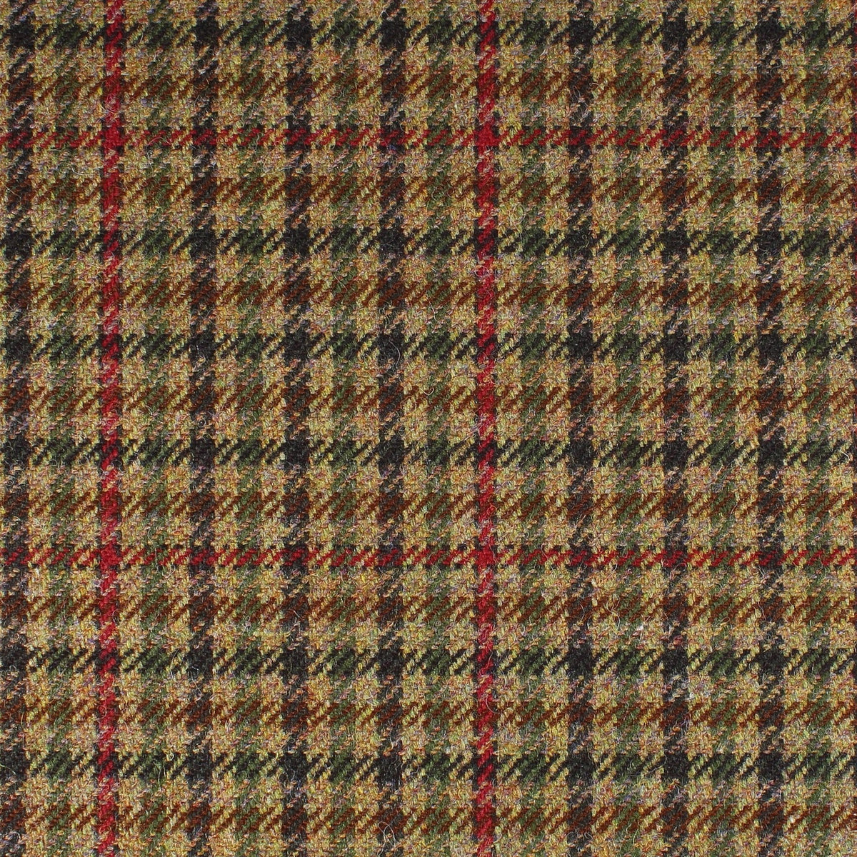 Field Tweed 130 Scottish tweed fabric in green, brown, and tan with a dark brown and red overcheck pattern, ideal for country clothing.