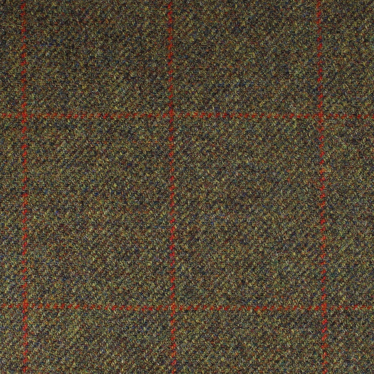 Field Tweed 141 Scottish tweed fabric in green, brown, and yellow with a red grid pattern.