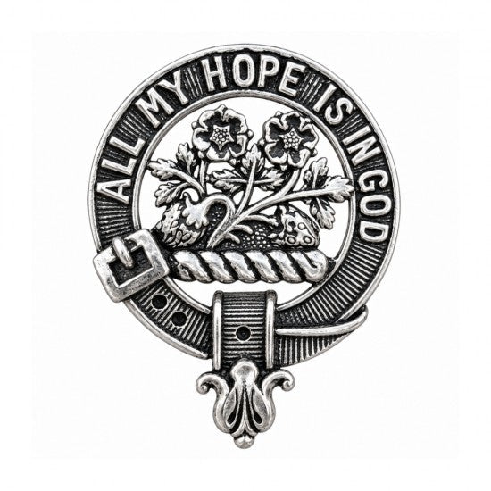 A circular pewter Fraser Clan Badge featuring a strawberry plant surrounded by a buckled strap inscribed with the words ALL MY HOPE IS IN GOD.