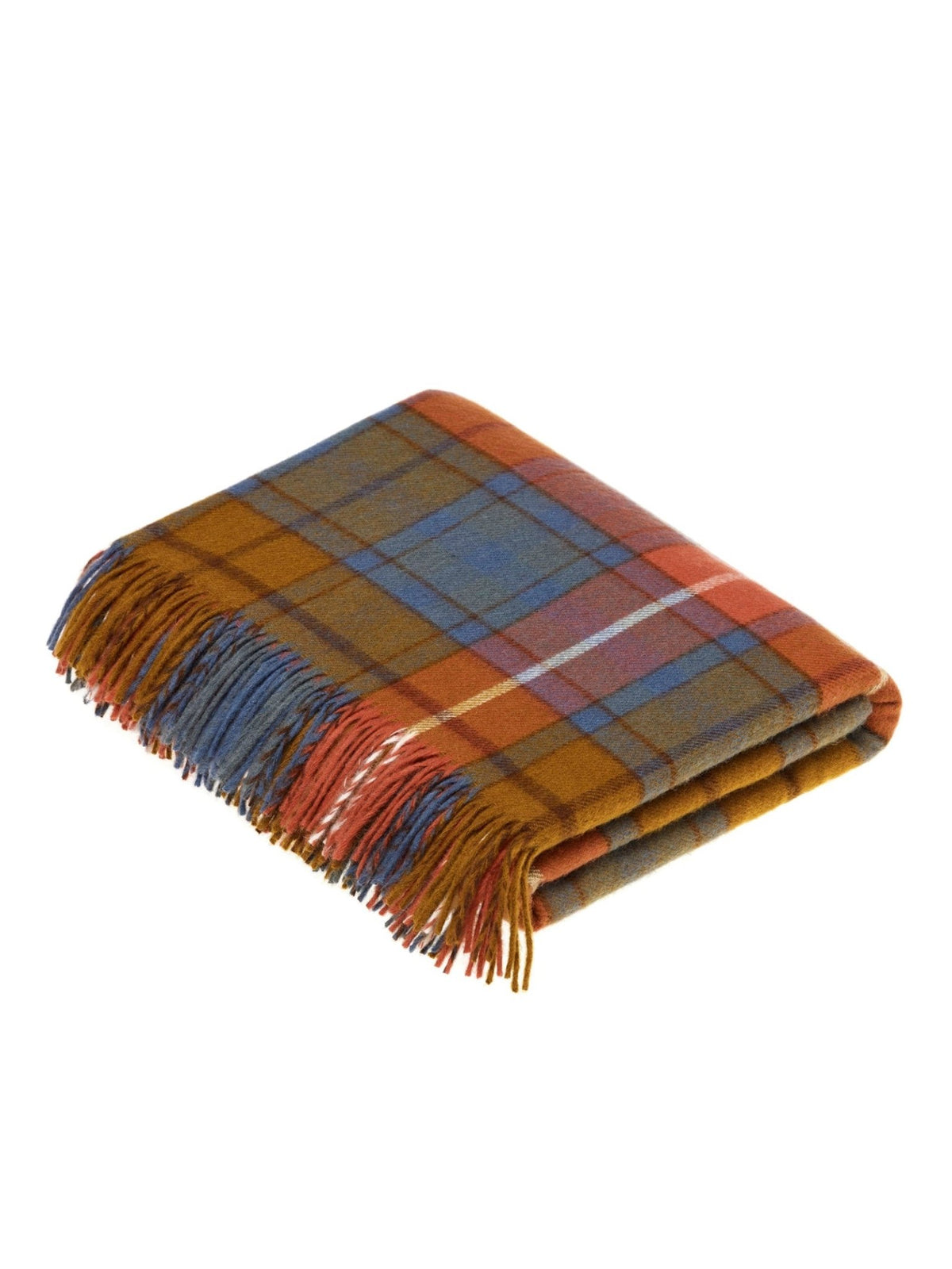 A folded Lambswool Tartan Blanket by Campbell’s of Beauly, showcasing a heritage plaid pattern with blue, orange, yellow, and red stripes and finished with fringed edges. Crafted in the tradition of UK-made blankets for exceptional quality and classic design, this throw is presented isolated on a white background for a clean, crisp look.