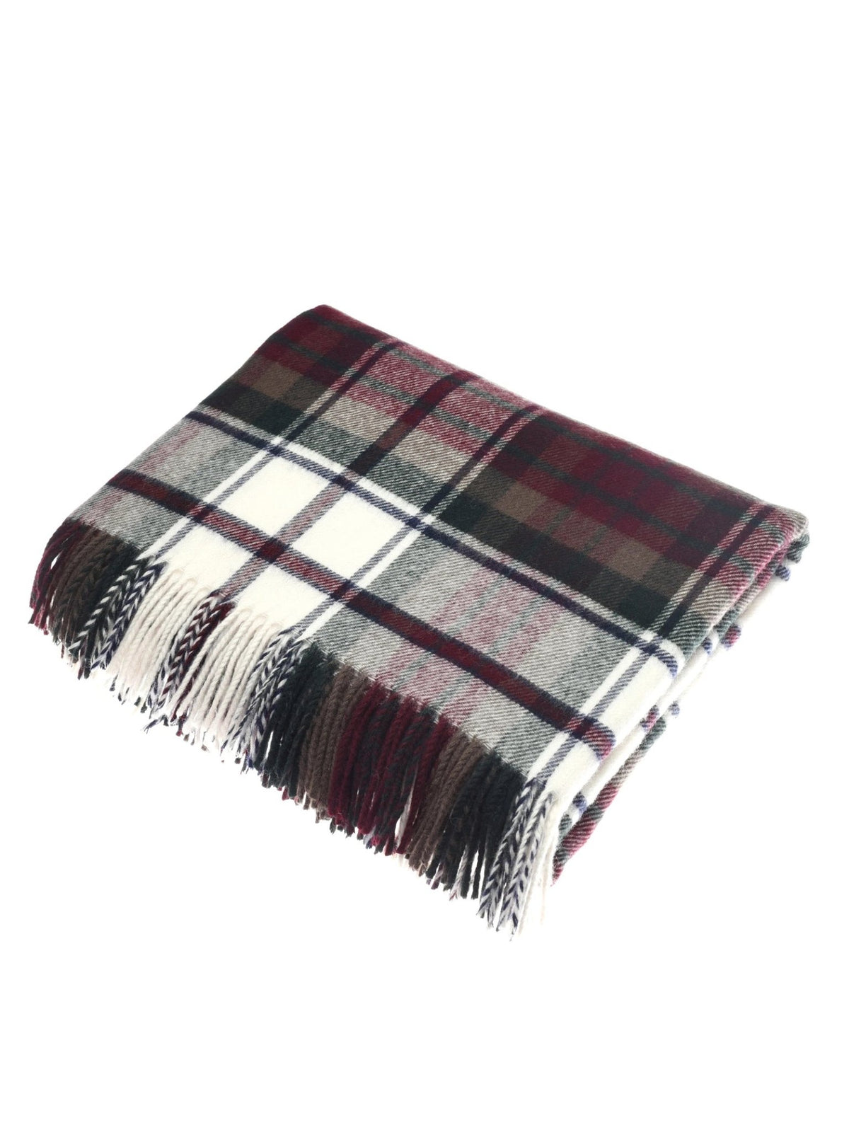 A Lambswool Tartan Blanket by Campbell’s of Beauly is displayed on a white background, featuring a folded design with fringe and a classic plaid pattern in red, black, white, and gray—crafted from soft lambswool for ultimate comfort and timeless style.
