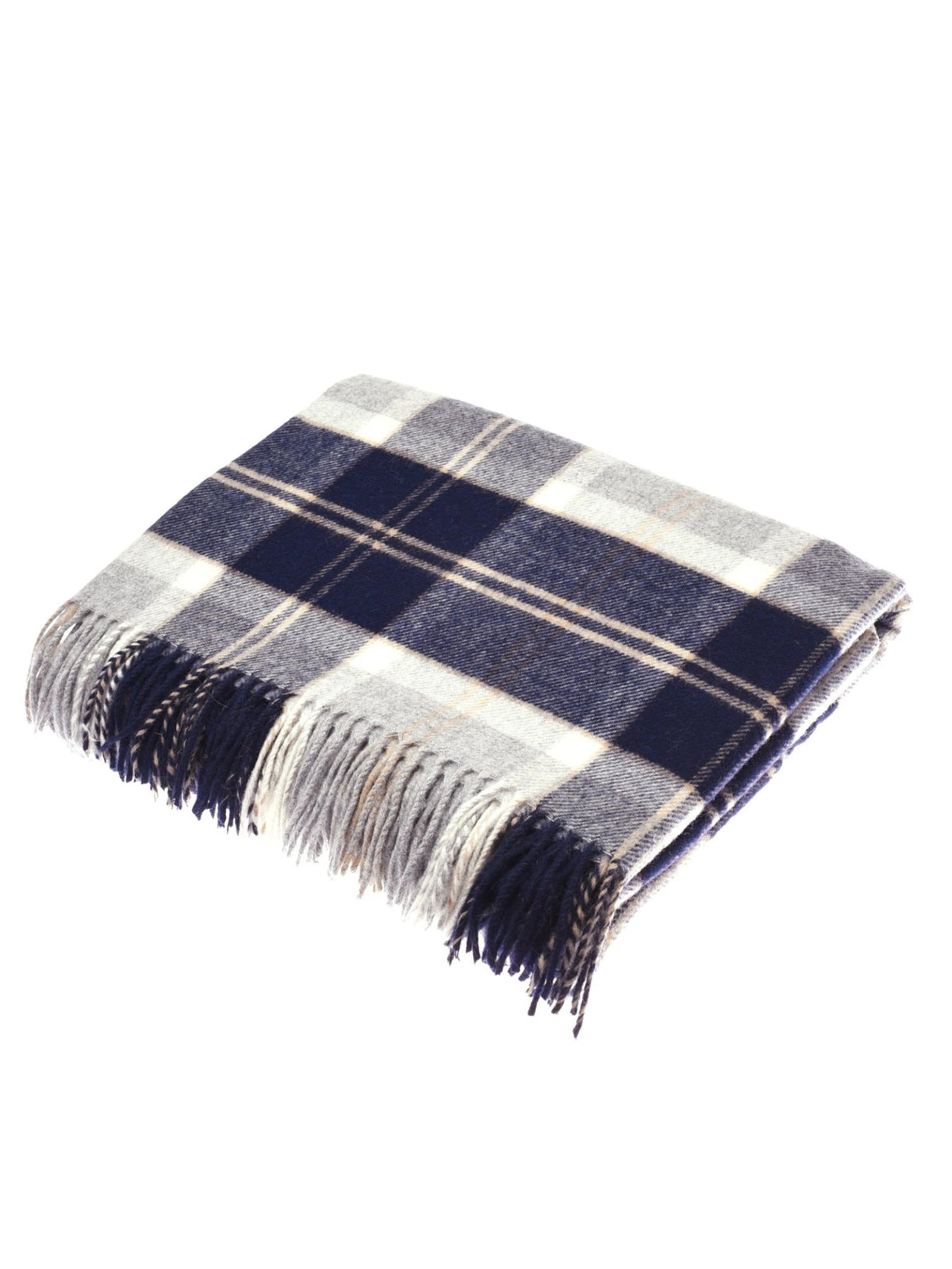 The Campbell’s of Beauly Lambswool Tartan Blanket, crafted in the UK, features a classic blue, gray, and white plaid design with soft fringed edges—embodying the timeless elegance and comfort of traditional British blankets.
