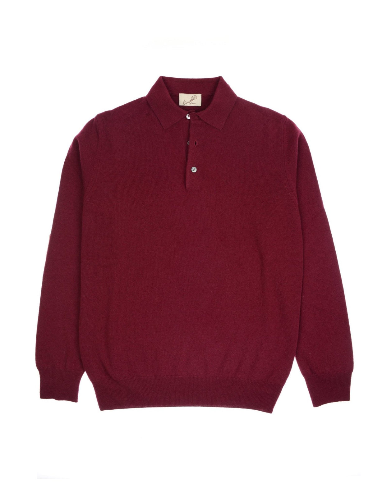 A maroon long-sleeved Campbell’s of Beauly Merino & Cashmere Rugby polo shirt featuring a three-button placket and a knit collar.