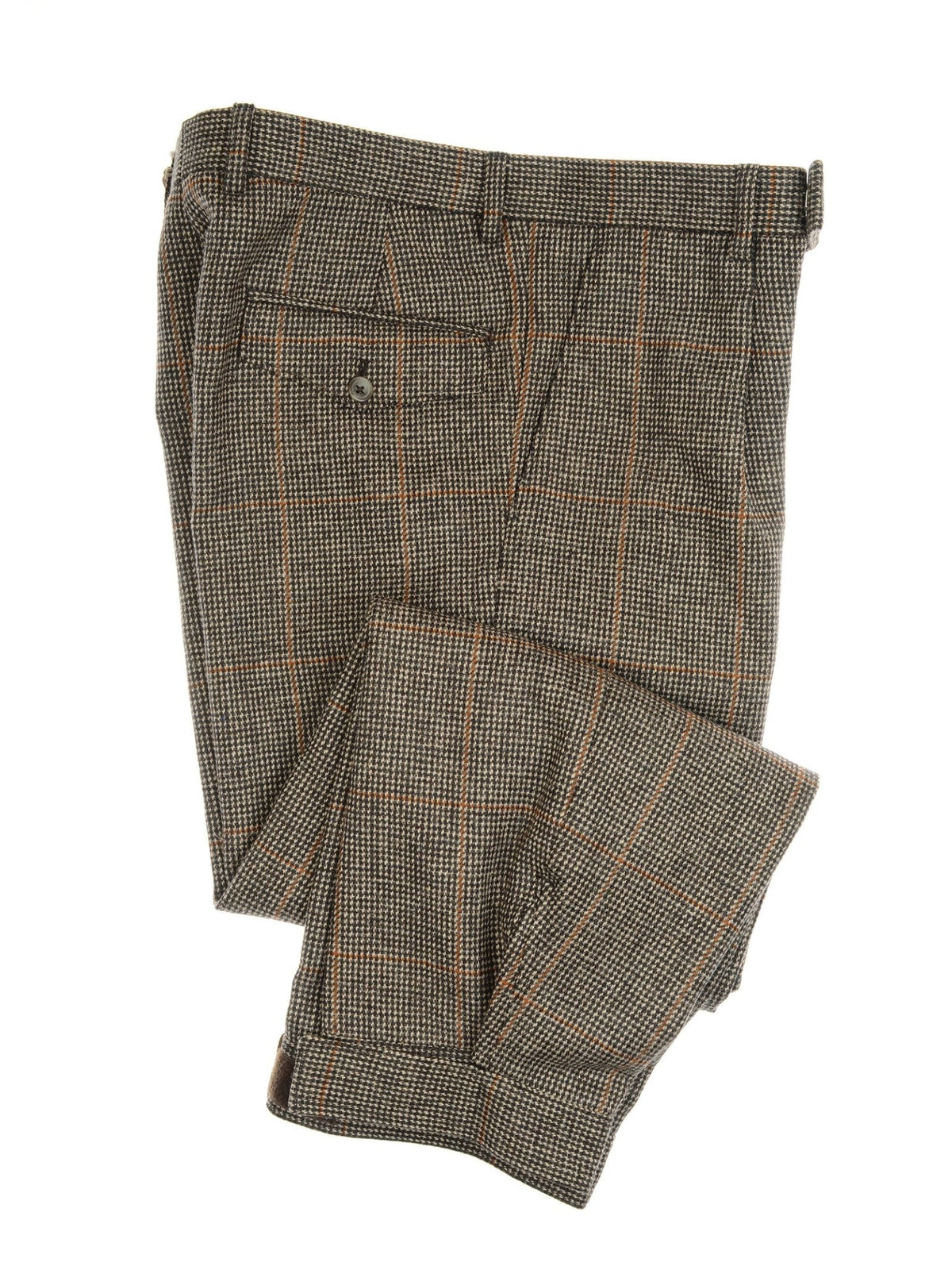 A pair of Campbell’s of Beauly Plus Fours in brown plaid with an orange windowpane pattern, inspired by classic country sports attire and traditional men’s breeks, featuring a buttoned back pocket, displayed on a white background.
