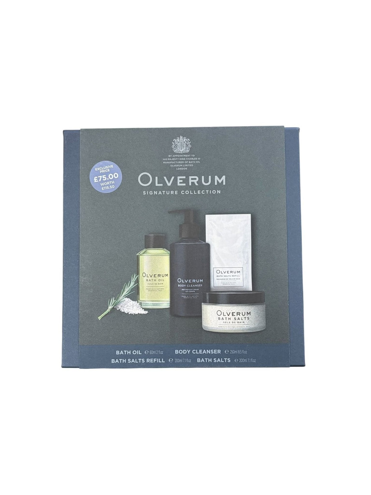 An Olverum Signature Collection gift set containing a bottle of bath oil, a bottle of body cleanser, a pouch of bath salt refill, and a jar of bath salts.