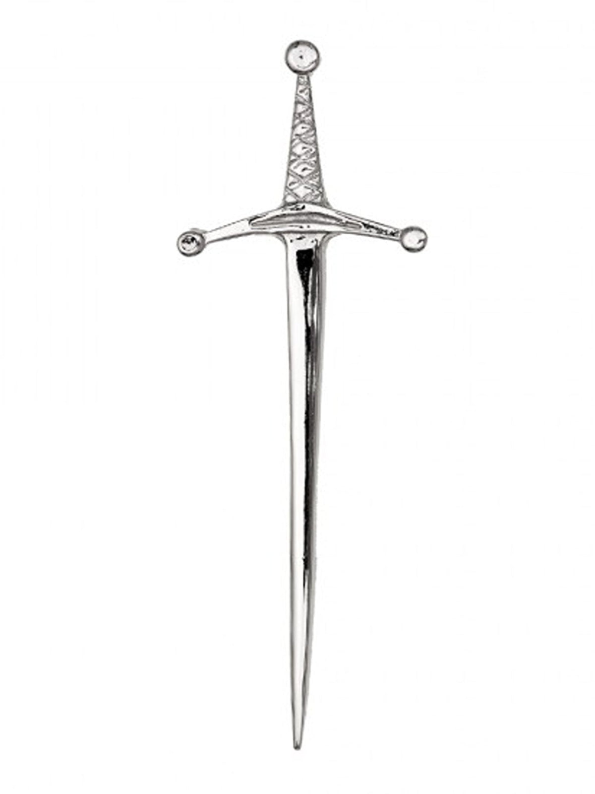 3-inch silver-toned Sword Kilt Pin featuring a sword shape with a textured handle and crossguard.