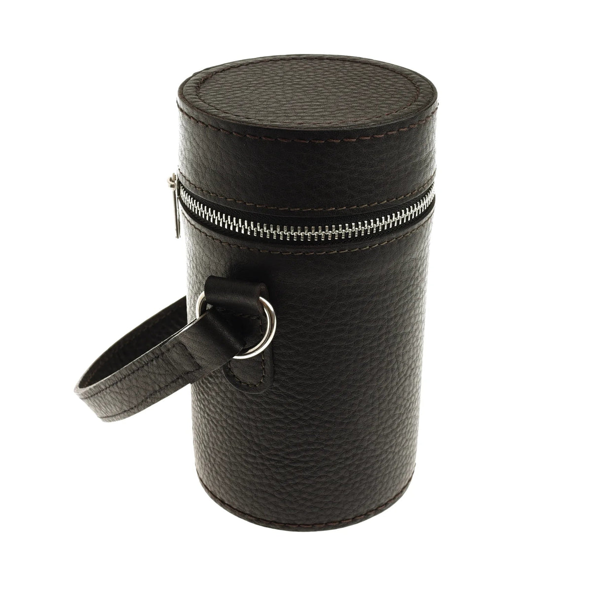 Campbell’s of Beauly Triple Flask Set in a cylindrical dark brown case with a zippered lid and a carry strap, ideal for outdoor enthusiasts.